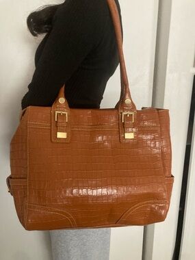 Maxx New York Croc-Embossed Tote in Cognac Brown